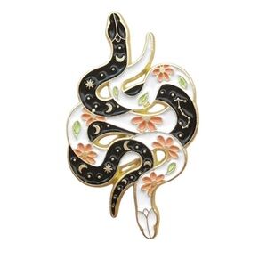 Celestial Floral Black & White Snakes Twisted Together Enamel Pin Brooch